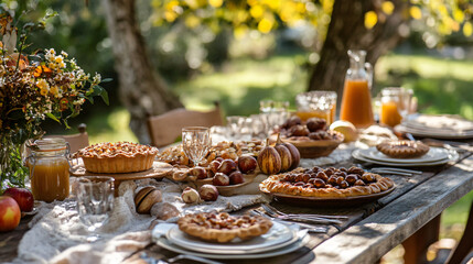 A charming outdoor table set with roasted chestnuts, apple cider, and a selection of autumn-themed treats like pies and caramelized nuts.