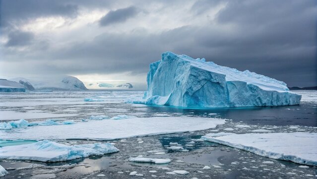 Glowing blue iceberg in the Antarctic ice sheet, glowing ice, frosty landscape, icy terrain, antarctic ice sheet, blue glow
