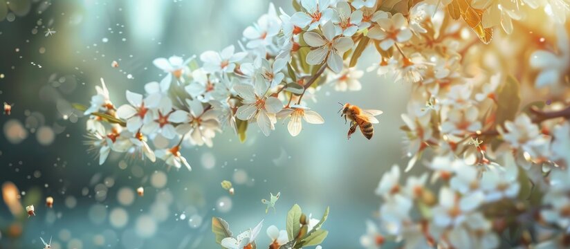 Bee Hovering Over White Flowers