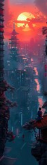 Obraz premium Paint a surreal cyberpunk cityscape at sunset