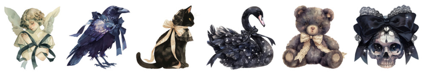 Fototapeta premium Black coquette animal illustration png cut out element set