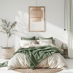 A white and green bedroom with a bed, a plant, a lamp and a blank frame