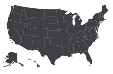 Black Silhouette Map of the United States with Clear Outline of States and Territories Including Alaska and Hawaii for Educational or Professional Use