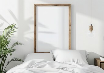 A minimalist bedroom with a large wooden frame on the wall above a white bed with a single plant in the corner