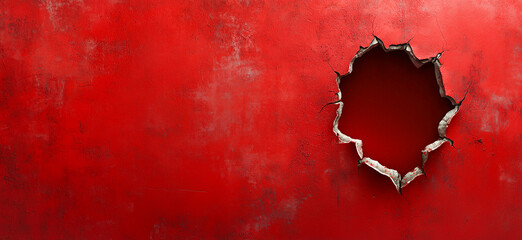 Torn rip hole in red wall paper texture background with copy space for text