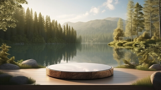 A stone podium for product presentation, set against the backdrop of a forest lake in summer, with sunlight shining through. 3D rendering.