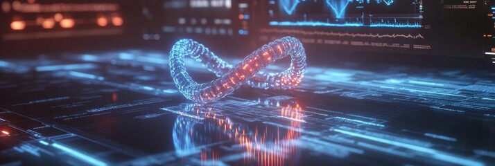 A vibrant DNA double helix is showcased, glowing with blue and red lights on a dark digital background featuring graphs and data. Generative AI