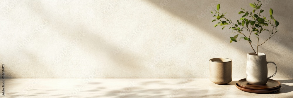 Poster sunlight softly highlights a serene indoor setting featuring simple ceramic mugs and a green plant i