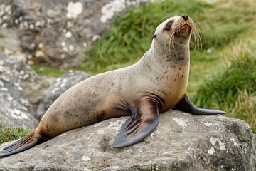 Fototapeta premium Relaxed Sea Lion Sunbathing on a Rocky Shoreline