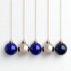Set of 5 Christmas Balls in Silver, Blue, Golden, and Red Hanging on String, Isolated on Shiny Background