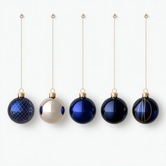 Set of 5 Christmas Balls in Silver, Blue, Golden, and Red Hanging on String, Isolated on Shiny Background