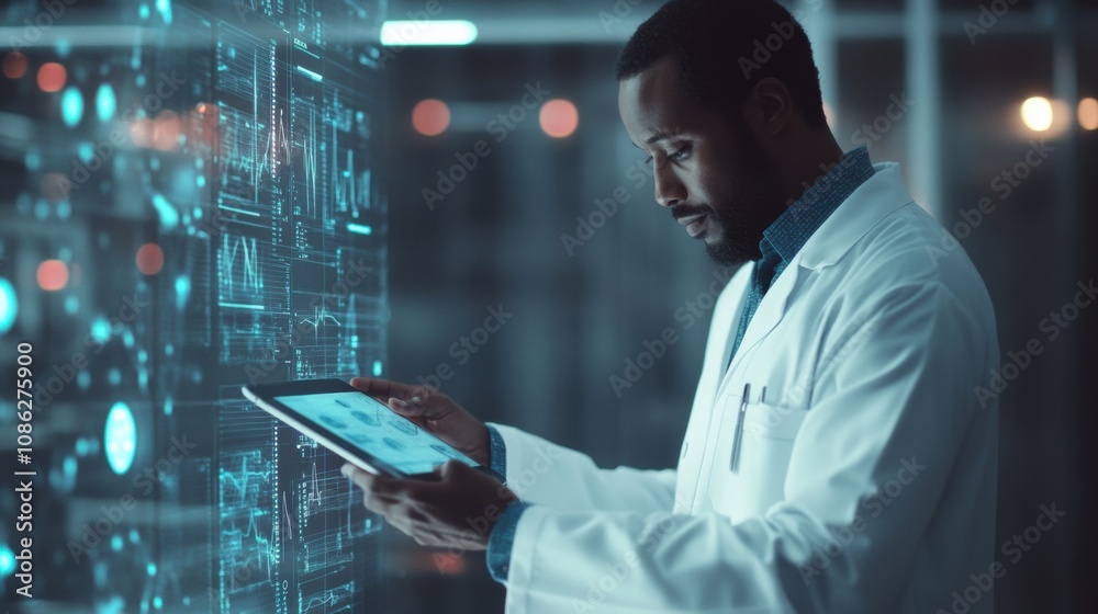 Poster A doctor wearing a white coat is focused on examining medical data displayed on a tablet in a modern healthcare setting. Generative AI