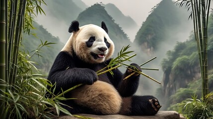 Obraz premium Giant Panda Enjoying Bamboo In Misty Mountains
