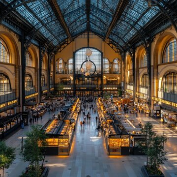 Central Market Hall Interior and Rooftop Panorama in Budapest, Hungary