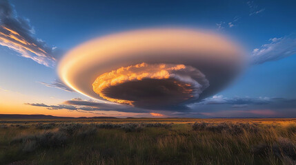 Majestic clouds forming a giant bow over a serene landscape during sunset, creating a stunning visual display of nature's beauty