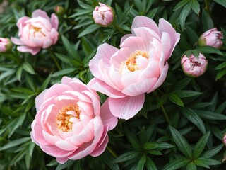 Fototapeta premium Soft pink peony flowers in a delicate watercolor style surrounded by lush green foliage, pink peonies, floral design