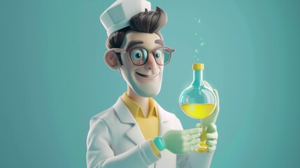 Cartoon Scientist with Chemical Flask in Minimalist Style