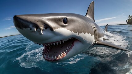 Fototapeta premium Great White Shark Breaching Ocean Surface