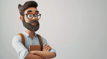 3D Minimalist Cartoon Character with Beard and Glasses