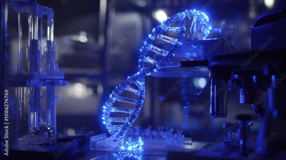 Leinwandbilder A mesmerizing view of a DNA double helix model displayed in a modern laboratory, illuminated by blue light during scientific research. Generative AI