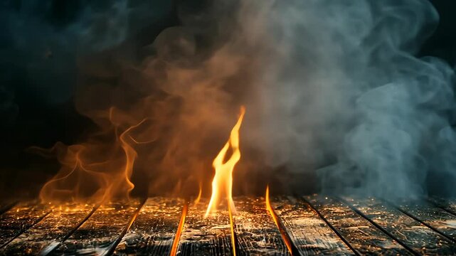 Smoke fumes at the edges of a wooden table with fire particles and sparks against a dark background. Copy space.