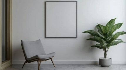 Minimalist living room with a blank wall frame and a single plant