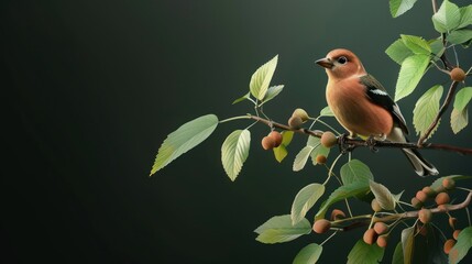 Beautiful Chaffinch on a green tree on a dark background. copy space, AI generated image