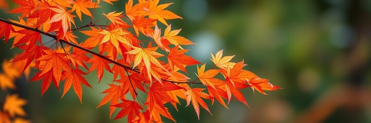 Vibrant orange maple leaves cascade down a branch forming a colorful display, maple tree, deciduous trees, nature landscape
