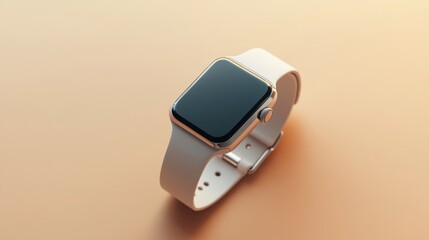 Modern smartwatch with white band on a peach background.