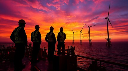 Obraz premium Offshore wind farm workers silhouetted against a vibrant sunset.