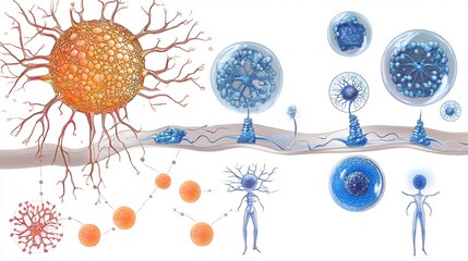 Cellular differentiation development shown in a detailed bio diagram illustrating the process of cell specialization and the formation of different cell types