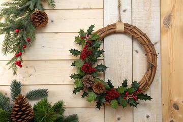 Wooden Christmas wreath on a rustic wooden wall with holly and berries, decorative element, festive atmosphere, rustic wood, wooden wreath