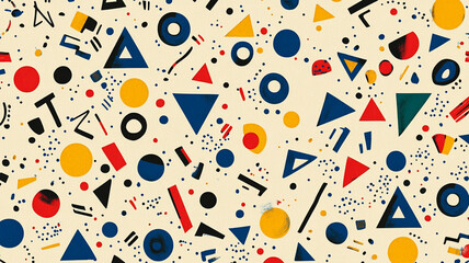 Colorful geometric patterns featuring various shapes on a cream background create a vibrant design