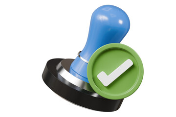 3d Stamp seal with green tick icon symbol. Human resources recruit approved person. Office approves tool document concept. Minimal Cartoon Blue Metal Stamp icon on isolated blue background. 3d render.