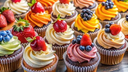 Assorted gourmet cupcakes with fruit toppings on display, cupcakes, gourmet, assorted, fruit, toppings, display, bakery