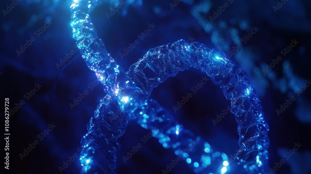 Aufkleber The intricate design of DNA is showcased with vibrant blue light, emphasizing its twisted helical form in a dark setting. Generative AI