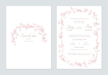 Wedding invitation template set of delicate pink flowers and vines on a white background, creating a romantic and vintage feel © momosama