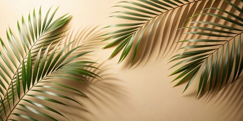 Fototapeta premium Palm leaves shadow on beige background, freeze motion, palm leaves, shadow, beige, background, nature, tropical, sunlight