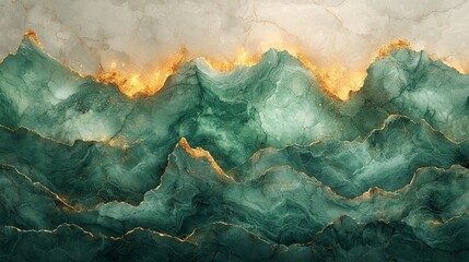 Abstract representation of ocean waves with green and gold hues.