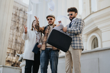 Three young business associates in casual wear have an impromptu outdoor meeting, papers flying around as they discuss strategies.