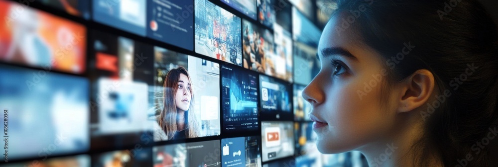 Poster the young woman focuses intently on various social media interfaces displayed on a grid of screens, 