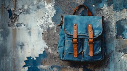 Blue canvas backpack hanging on a textured wall.