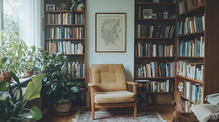 Cozy reading nook with bookshelves, armchair, and plants.
