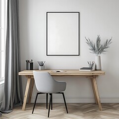 empty poster mockup on the wall above a wooden desk