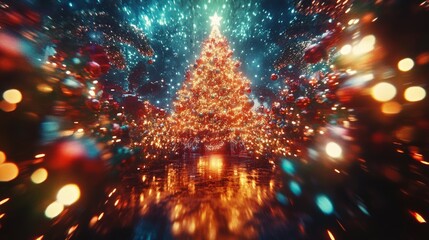 Fototapeta premium A close-up of a sparkling Christmas tree adorned with twinkling lights, radiating warmth and festive cheer against a soft, glowing background.