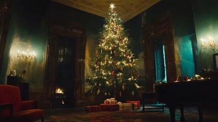 A beautifully decorated Christmas tree sparkles in a cozy room, accompanied by a grand piano, creating a warm festive atmosphere filled with joy and harmony.