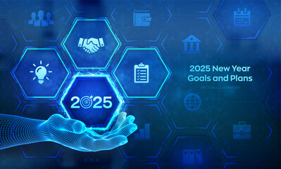 2025 New year Goals and plans icon in wireframe hand. Business plan and strategies. Goal acheiveement and success in 2025. Resolutions, plan, action, checklist concept. Vector illustration.