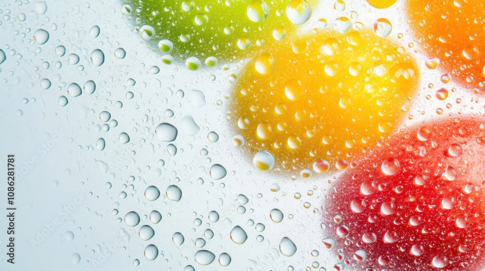 Poster Bright citrus fruits in vibrant colors rest in cool water, creating a refreshing and lively atmosphere with bubbles surrounding them. Generative AI