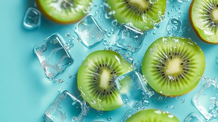Fresh kiwis glistening on a bed of ice, nestled against a vibrant blue surface, creating a refreshing and appealing visual feast.
