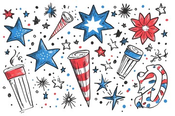 Obraz premium july, freedom, red, flag, patriotism, illustration, day, blue, design, background, event, poster, vector, anniversary, star, holiday, symbol, america, american, fourth, independence, national, sign, f